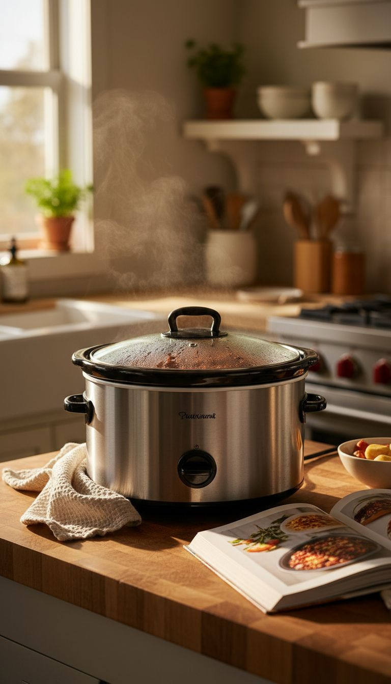 Stainless Steel Slow Cooker With A Steamy Glass Lid, Hinting At Simmering Chili. Cozy Tea Towel, Cookbook On Butcher Block Counter.
