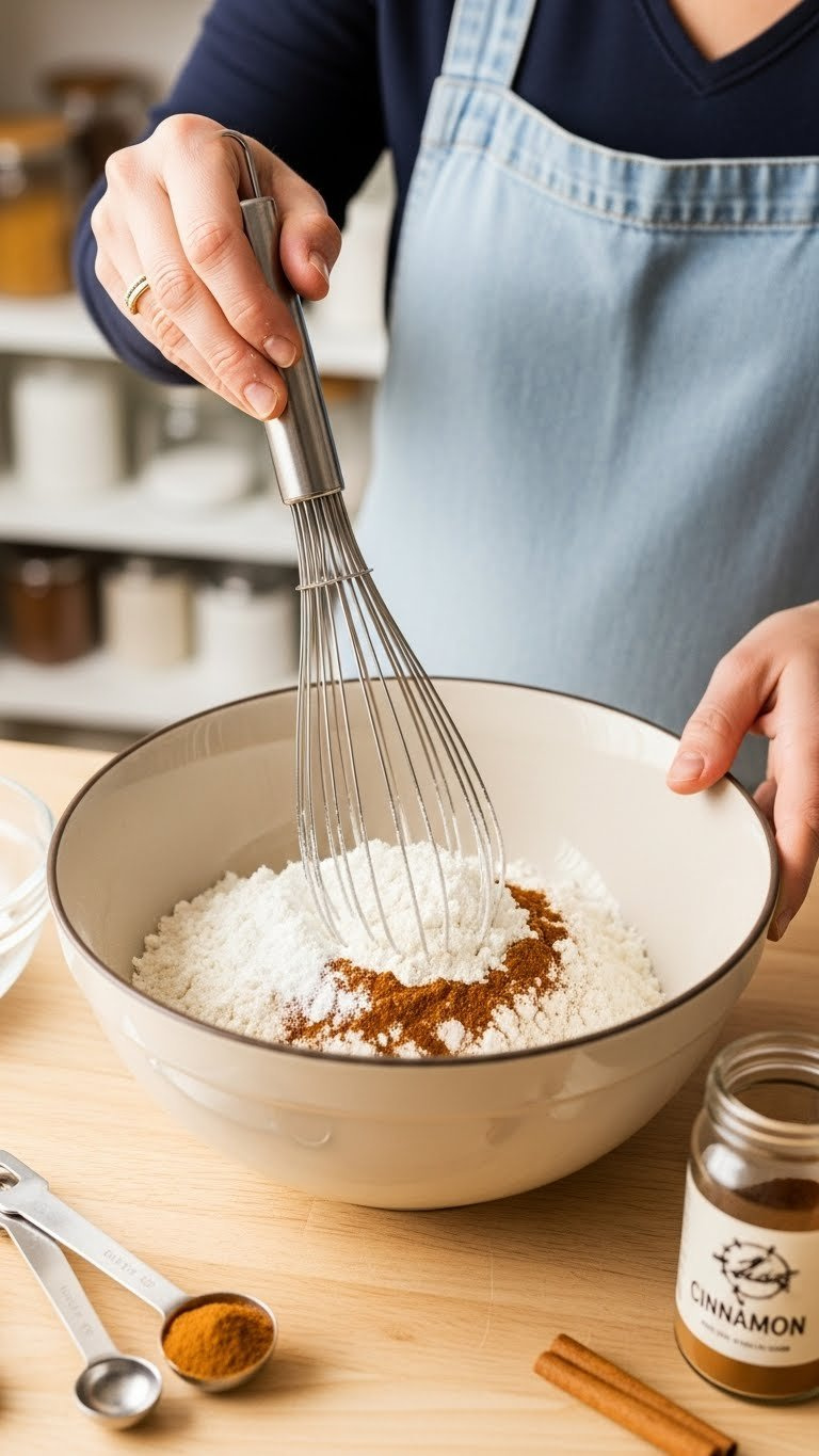Stainless Steel Whisk Mixing Flour, Baking Powder, And Cinnamon In A Light-Colored Mixing Bowl