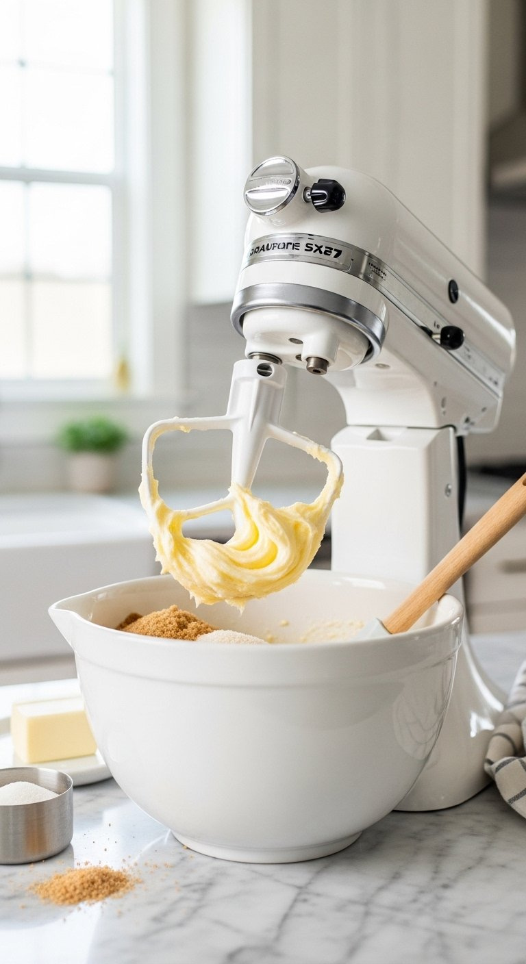 Stand Mixer Creaming Butter And Sugar In A White Ceramic Bowl On A Marble Countertop.