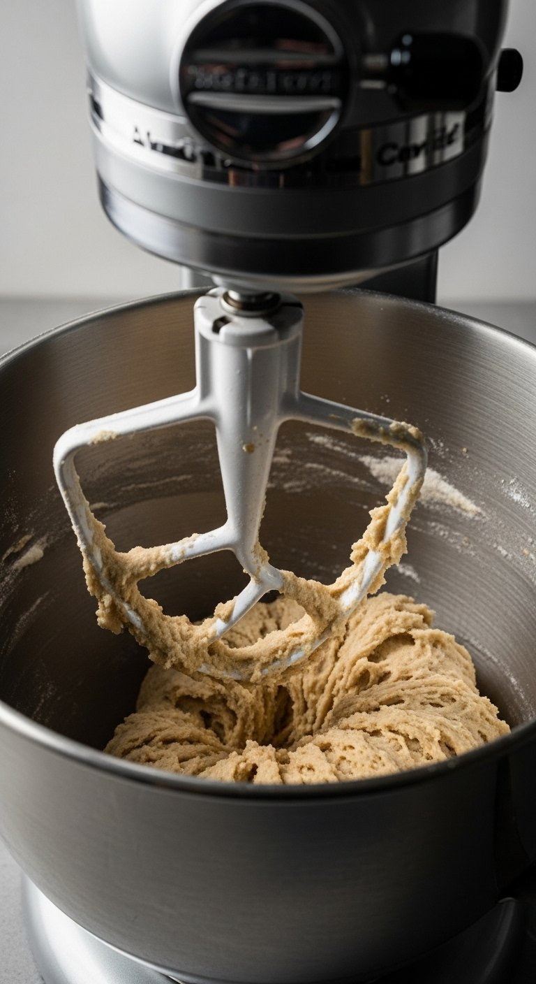 Stand Mixer Paddle Attachment Lifted From Bowl Of Freshly Mixed Snickerdoodle Cookie Dough.
