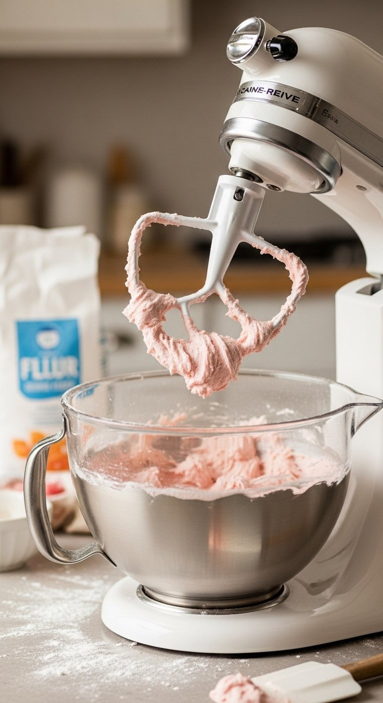 Stand Mixer Paddle Lifting Out Of A Bowl Of Pale Pink Strawberry Shortbread Dough With A Smooth Buttery Texture.