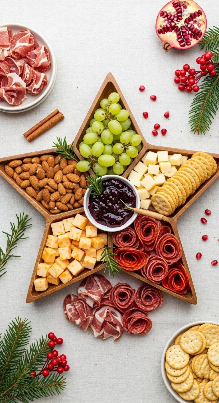 Star-Shaped Charcuterie Board With Almonds, Green Grapes, Cheese Cubes, Salami Roses, Crackers, And Jam.