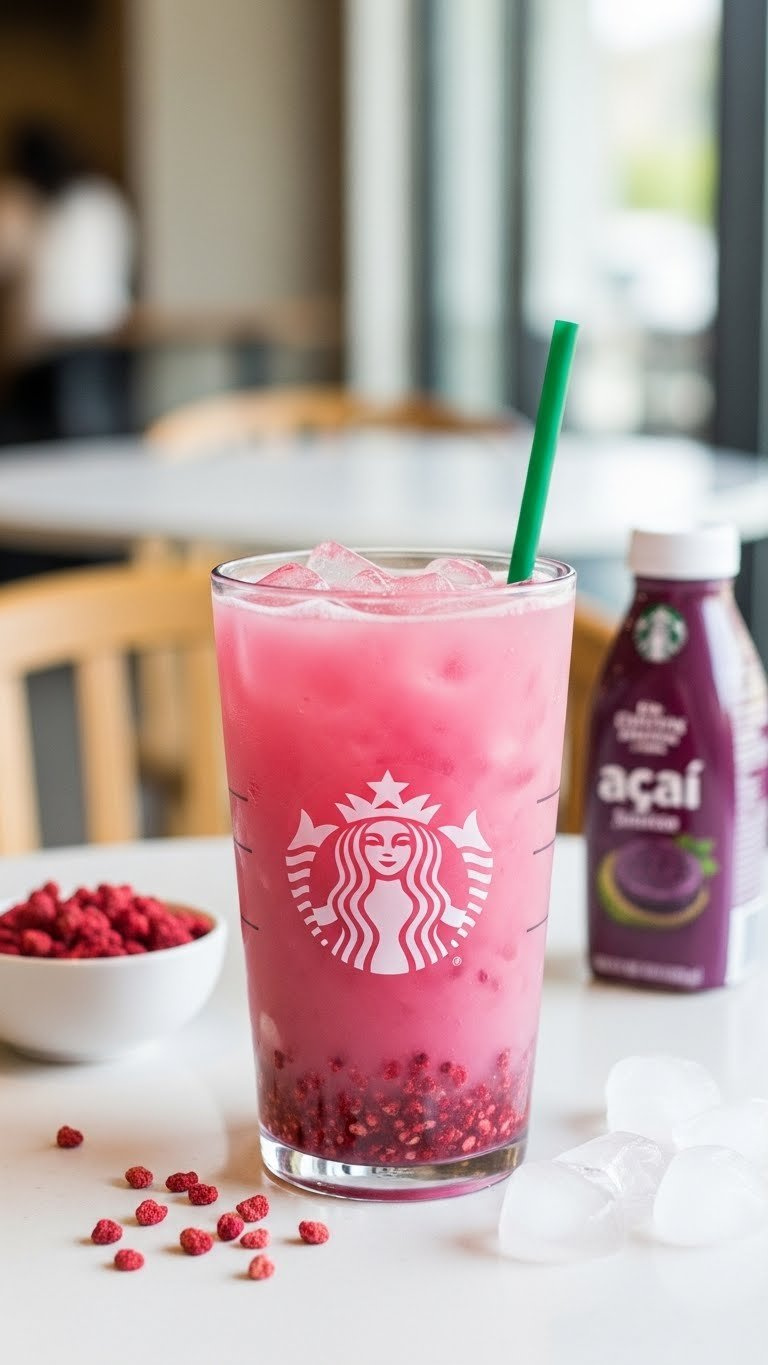 Starbucks-Style Strawberry Acai Refresher In Transparent Cup With Freeze-Dried Strawberries And Straw On White Cafe Table.