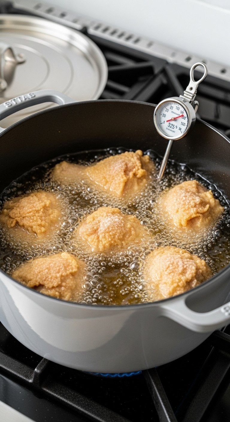 Starch Coated Chicken Pieces Frying Gently In Hot Oil Inside A Black Dutch Oven Pot.