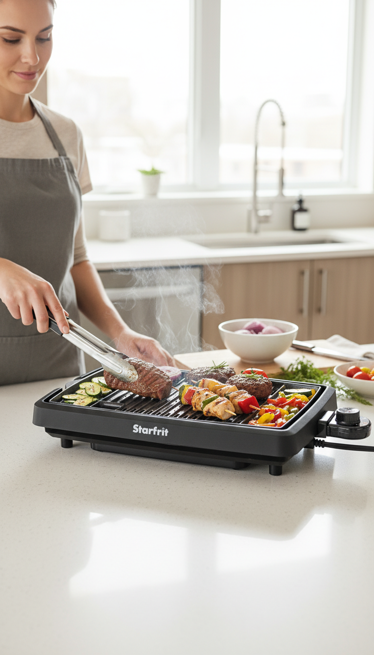 A Photo Showing The Starfrit Grill On A Kitchen Counter With Various Foods Like Burgers And Vegetable Skewers Being Cooked.