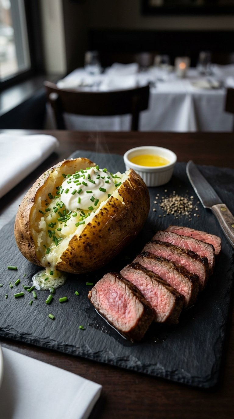 Steakhouse Baked Potato With Garlic Butter, Sour Cream, Chives, And Medium-Rare Sirloin Steak On Dark Slate Surface