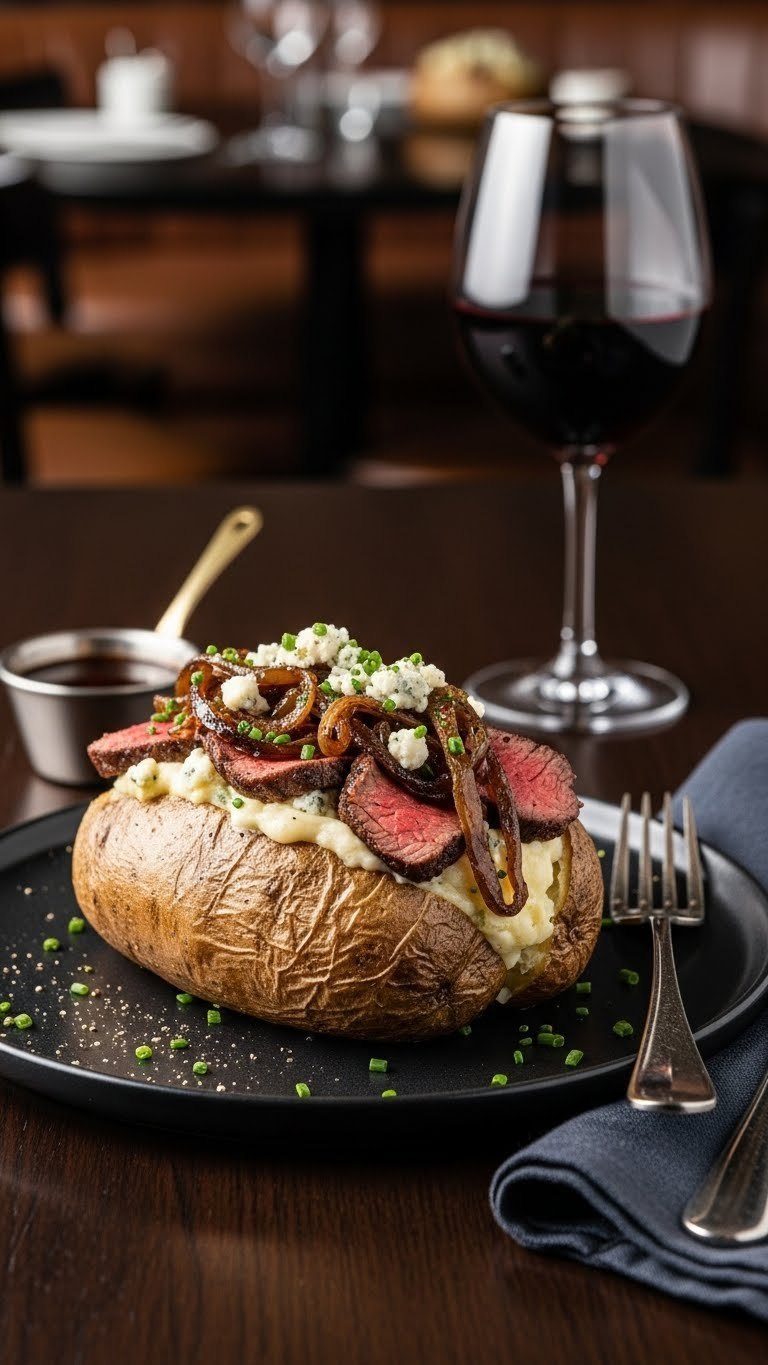 Steakhouse-Style Twice Baked Potato With Seared Steak Slices, Caramelized Onions, And Blue Cheese Crumbles