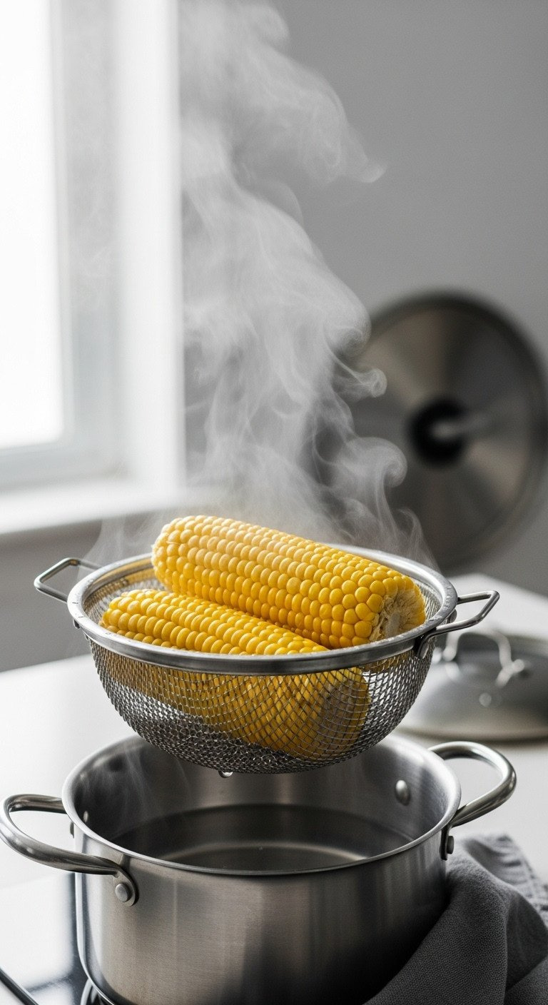 Steamed Corn On The Cob In A Metal Basket Above Simmering Water, Plump Yellow Kernels, Gentle Healthy Cooking, Rising Steam.