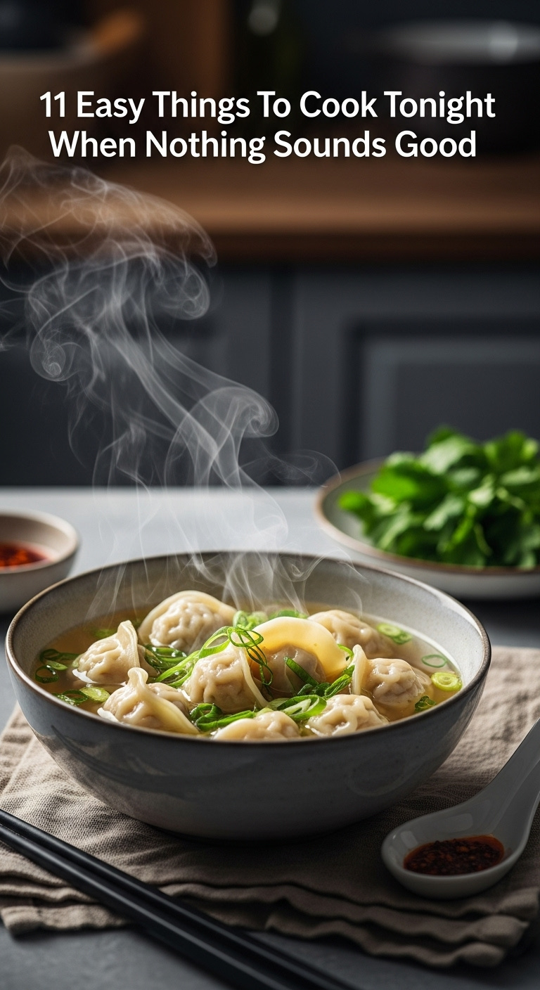 Steaming 10-Minute Dumpling Soup With Scallions In A Ceramic Bowl With A Spoon And Chili Oil