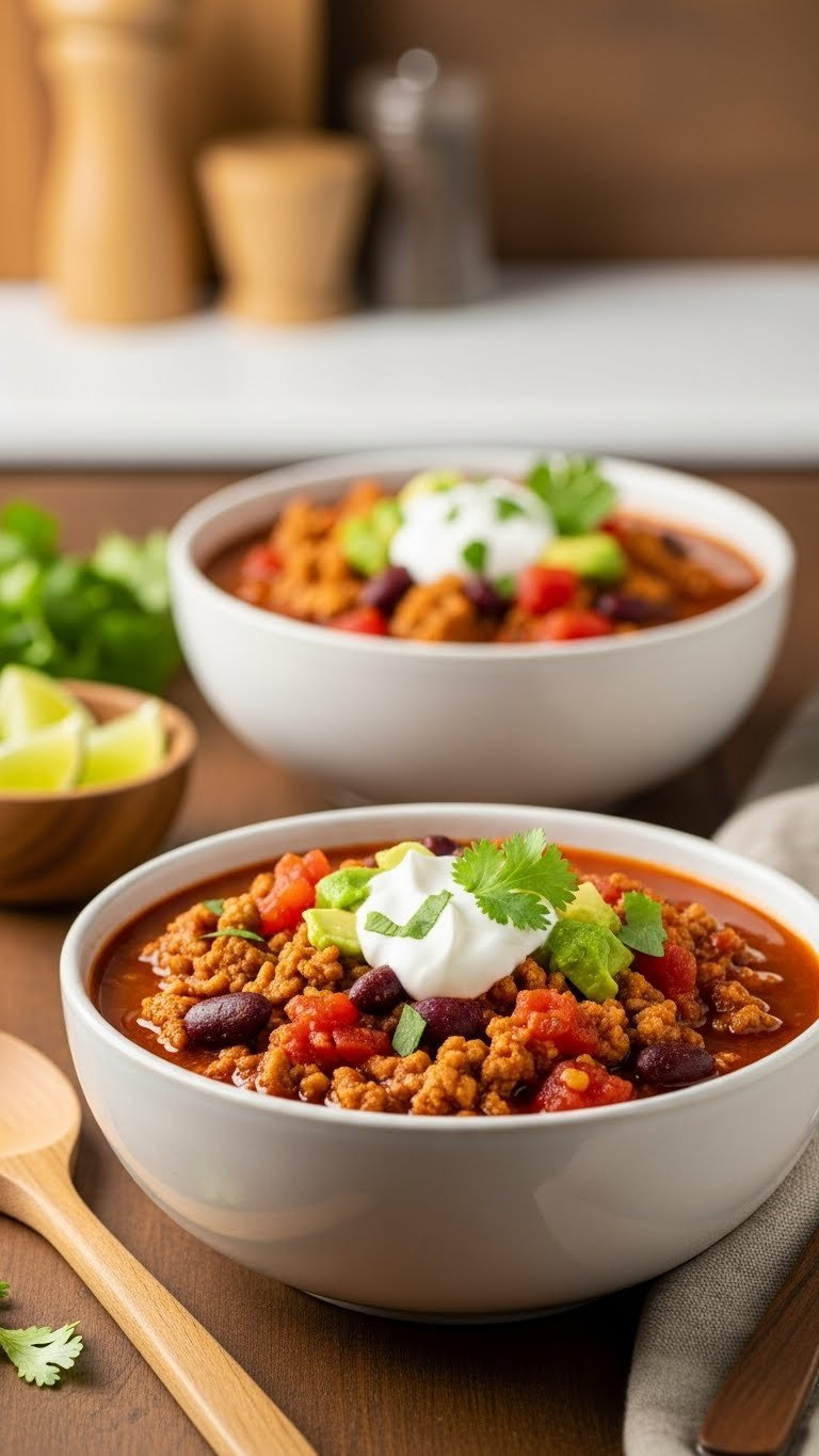 Steaming 21 Day Fix Instant Pot Turkey Chili With Cilantro And Greek Yogurt In A Rustic Ceramic Bowl For A Cozy Meal.