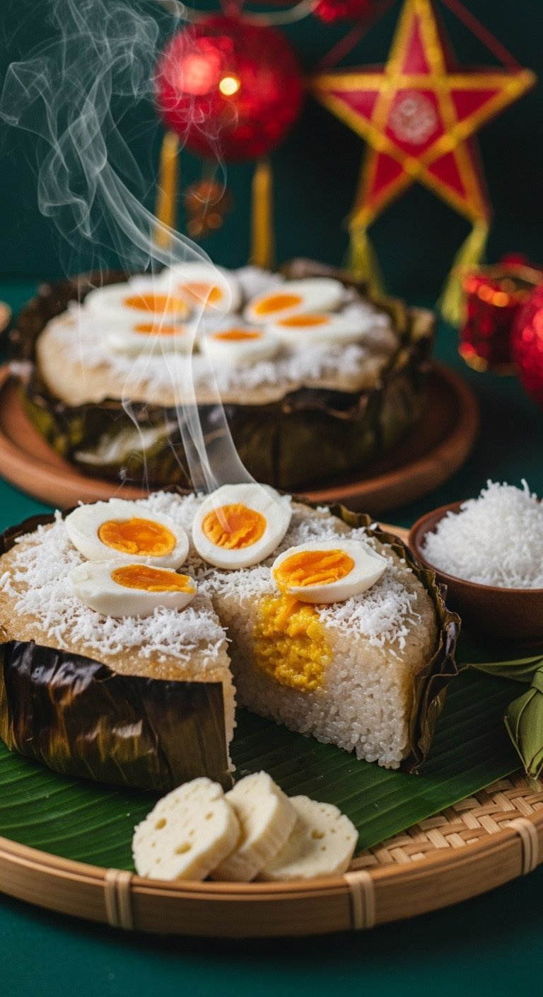 Steaming Filipino Bibingka Cake With Charred Banana Leaf, Fluffy Rice, Salted Egg, And Grated Coconut On Bamboo Tray.