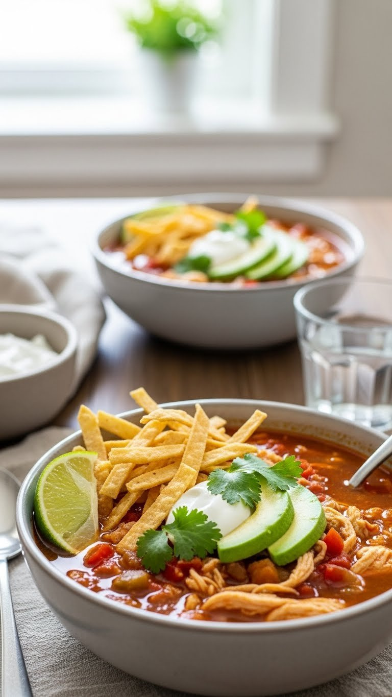 Steaming Instant Pot Chicken Tortilla Soup Generously Garnished With Avocado, Cilantro, Tortilla Strips, Sour Cream, And Lime.
