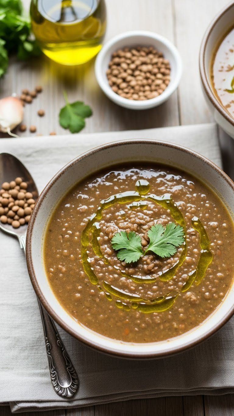 Steaming Instant Pot Lentil Soup In A Vintage Bowl, Garnished With Green Olive Oil And Cilantro On A Linen Tablecloth.