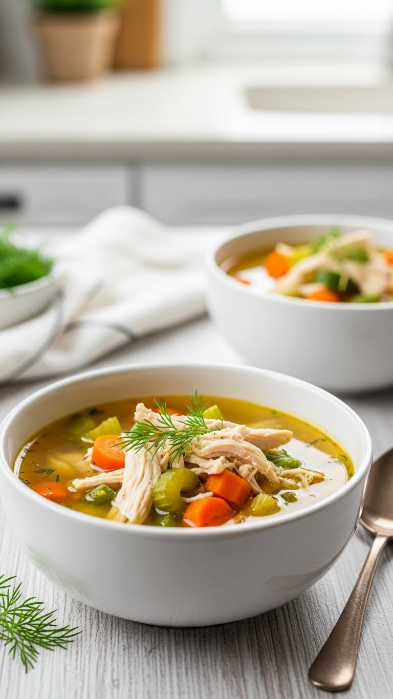 Steaming Instant Pot Whole30 Chicken Veggie Soup With Shredded Chicken, Carrots, And Dill In A White Bowl.