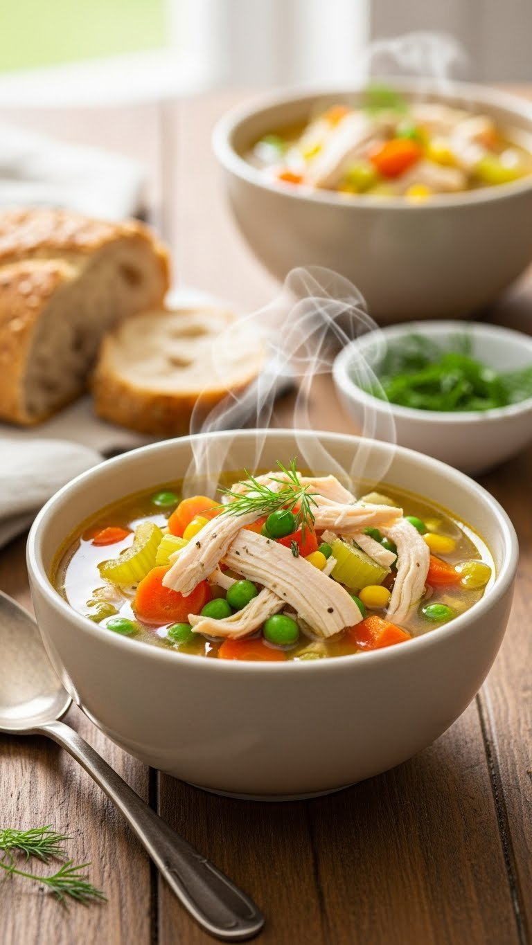 Steaming Instant Pot Chicken And Vegetable Soup With Carrots, Peas, And Dill In A Ceramic Bowl On A Rustic Wooden Table.