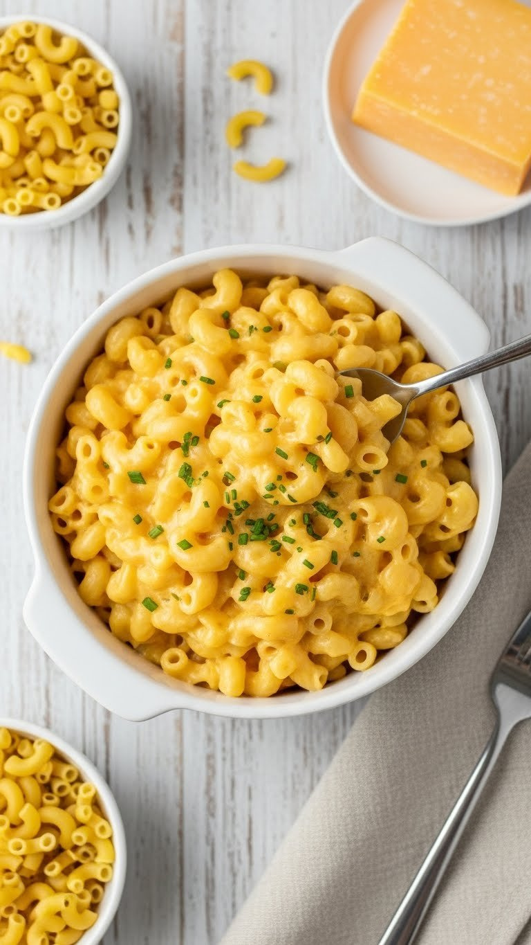 Steaming Instant Pot Creamy Mac And Cheese In A White Ceramic Bowl On A Wooden Table, Garnished With Chives.