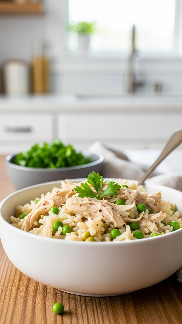 Steaming Instant Pot Gluten-Free Chicken And Rice, Garnished With Green Peas And Fresh Parsley, On A Rustic Table In A Blurred Kitchen.