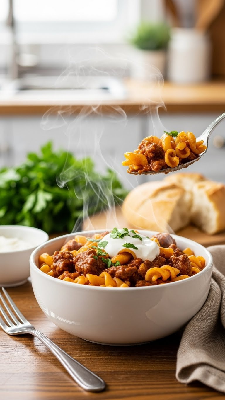 Steaming Instant Pot Goulash In A Rustic Ceramic Bowl, Garnished With Fresh Parsley And Sour Cream, Served With Crusty Bread.