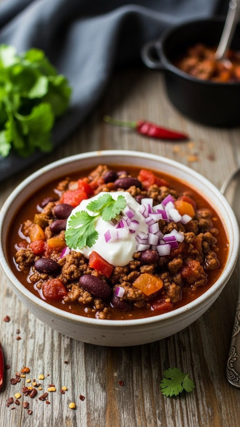 Steaming Instant Pot Hearty Beef Chili In Rustic Bowl, Garnished With Cilantro, Sour Cream, On A Distressed Wooden Table.