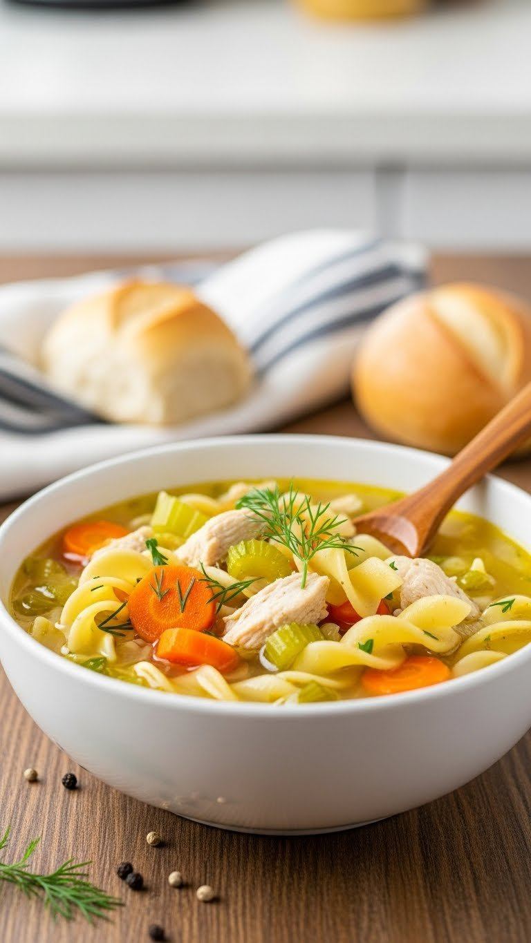 Steaming Instant Pot Homemade Chicken Noodle Soup With Egg Noodles, Chicken, Carrots, And Dill On A Rustic Table.