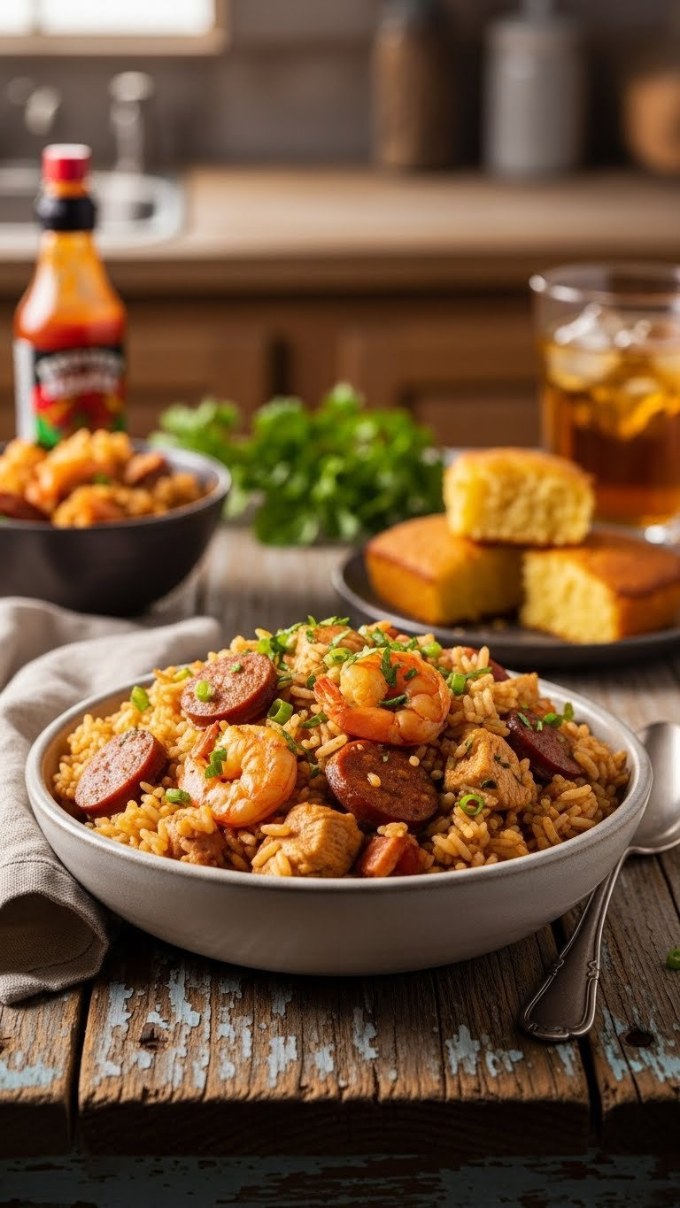 Steaming Instant Pot Jambalaya With Chicken, Sausage, And Shrimp, Garnished With Fresh Herbs In A Rustic Bowl.