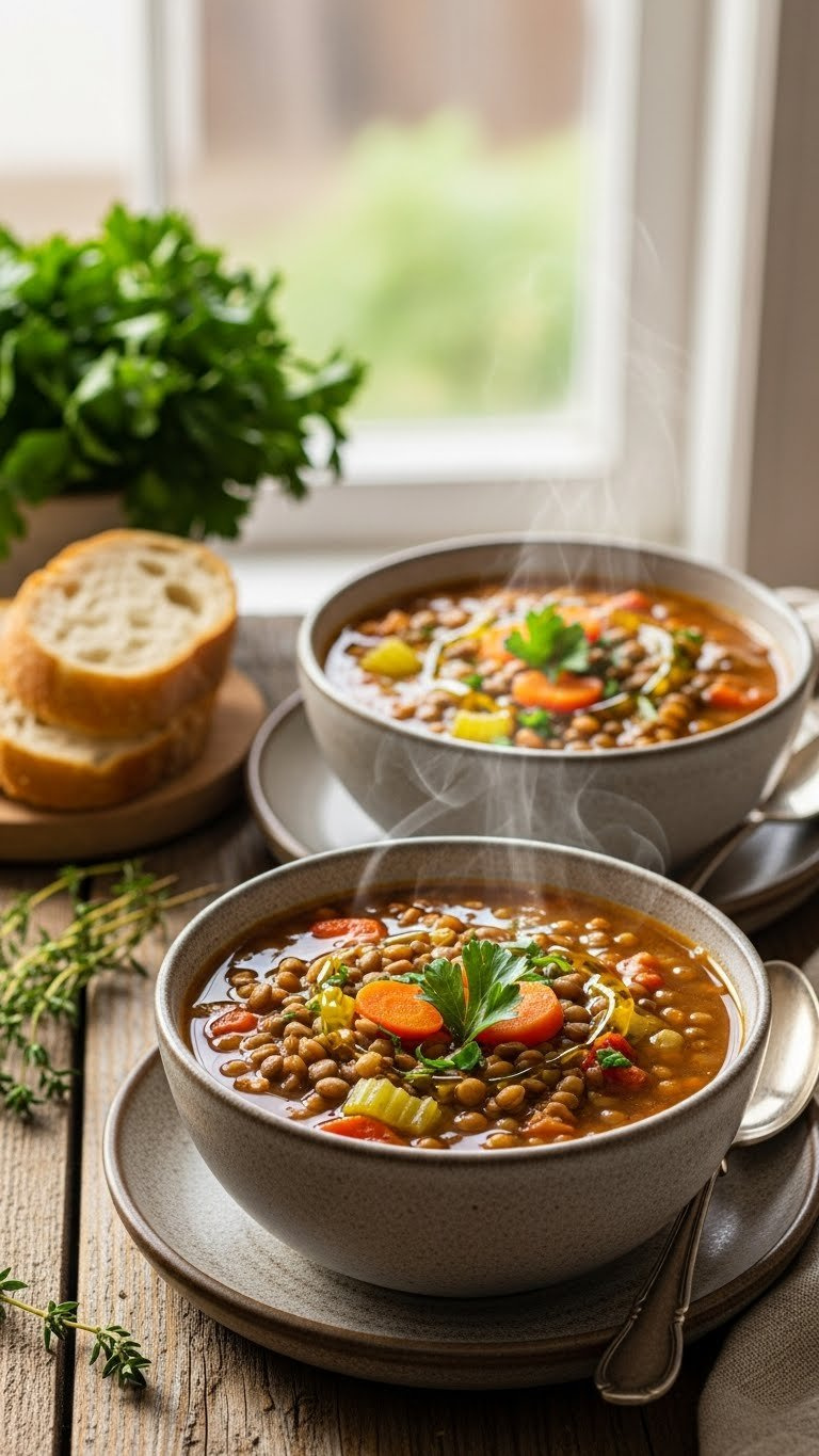 Steaming Instant Pot Lentil Soup With Lentils, Carrots, And Parsley, In Rustic Earthenware Bowls.