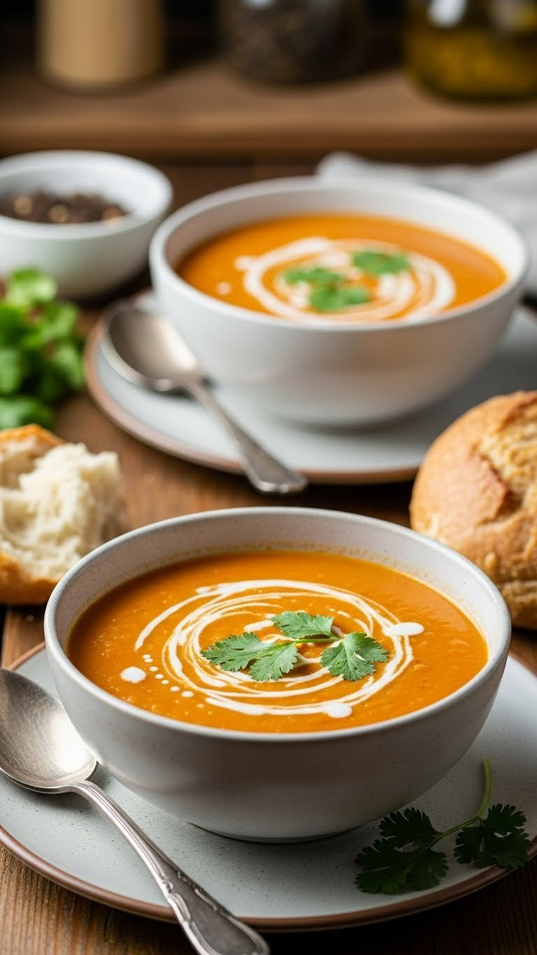 Steaming Instant Pot Red Lentil Soup Garnished With Fresh Cream, Cilantro, Artisan Bread, And Rustic Spoon For A Cozy Meal.