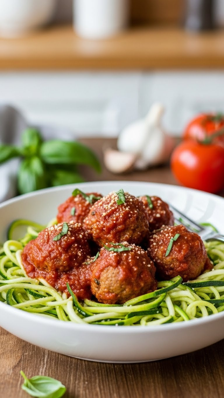 Steaming Instant Pot Turkey Meatballs With Marinara Over Zucchini Noodles, Garnished With Fresh Basil On A Rustic Table.