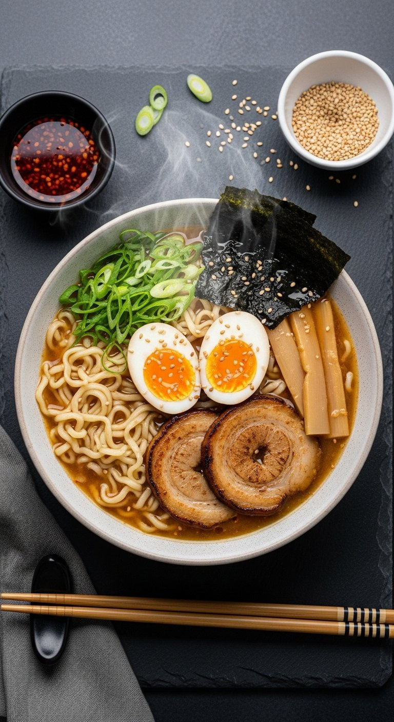 Steaming Japanese Miso Ramen With Chashu Pork And Soft-Boiled Egg Served In A Deep Bowl On A Dark Slate Surface.