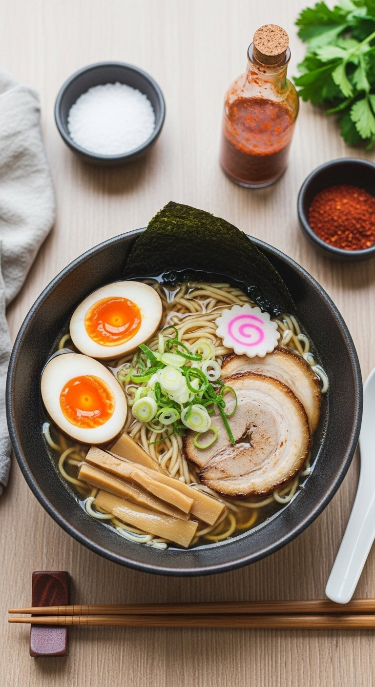Steaming Japanese Ramen Bowl Featuring Chashu Pork Marinated Egg Nori And Scallions In A Rich Opaque Broth.