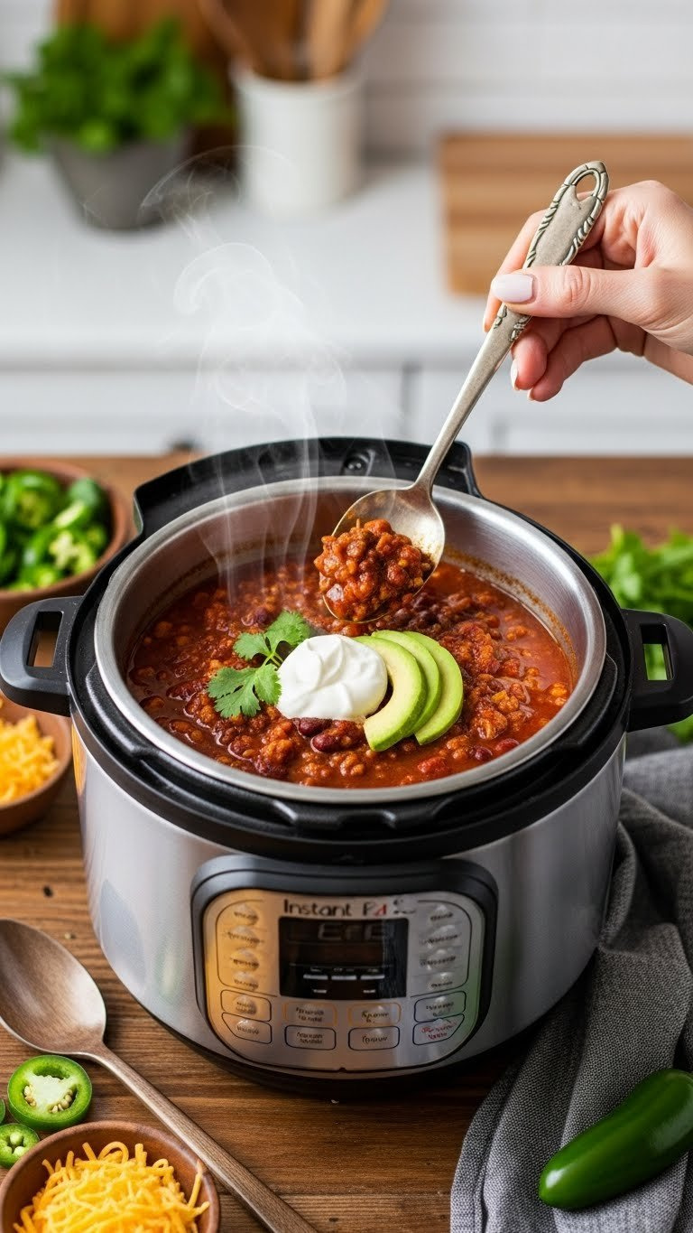 Steaming Keto Instant Pot Beef Chili, Topped With Sour Cream, Cilantro, And Cheddar, Presented On A Rustic Wooden Table.