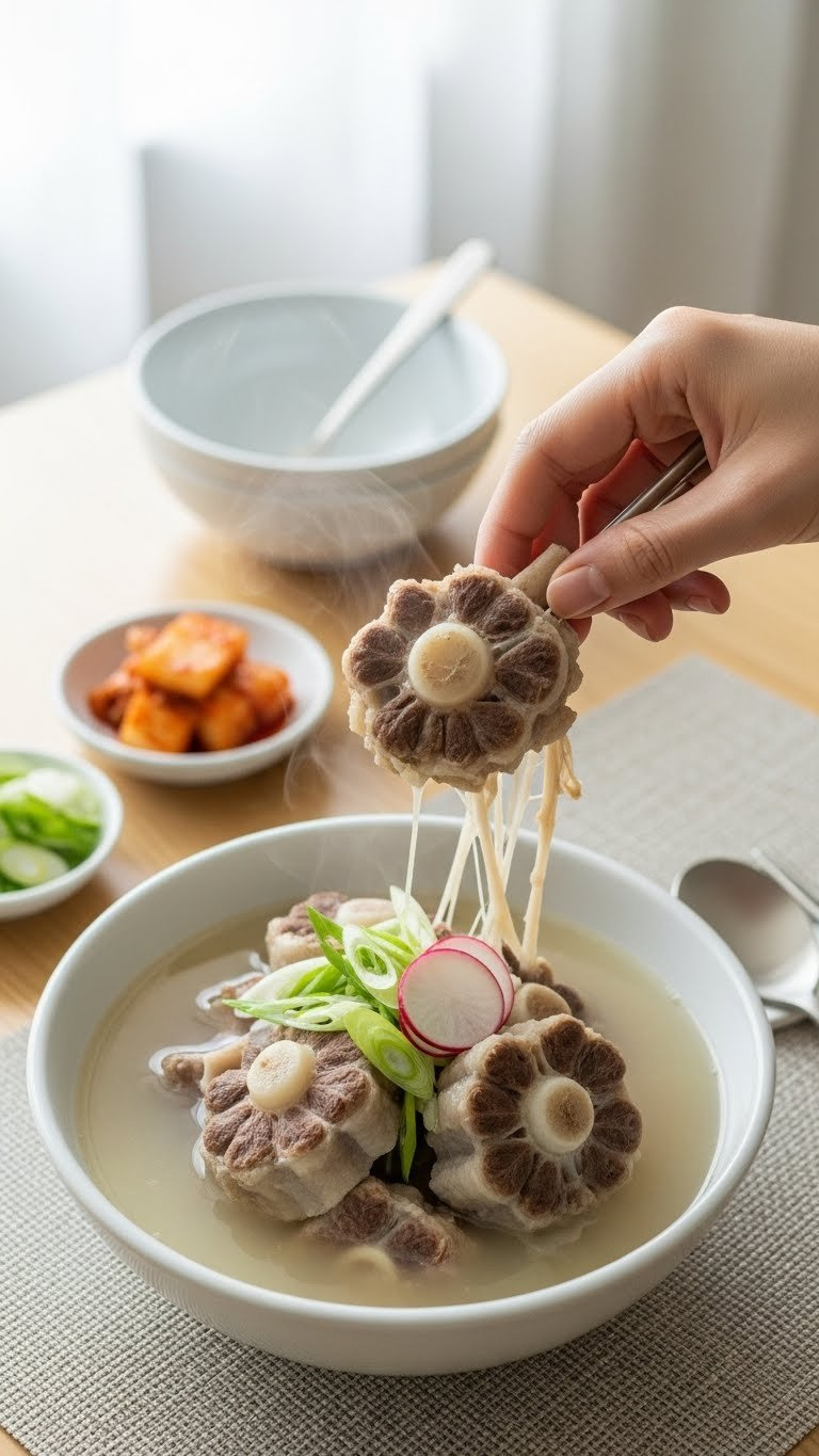 Steaming Korean Instant Pot Oxtail Soup, Kkori Gomtang, With Tender Oxtail, Green Onions, And Radishes.