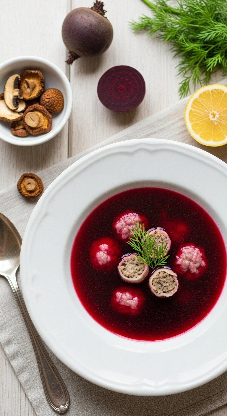 Steaming Polish Barszcz Beetroot Soup, Uszka Mushroom Dumplings, Fresh Dill, And Lemon In A White Bowl On A Wooden Table.