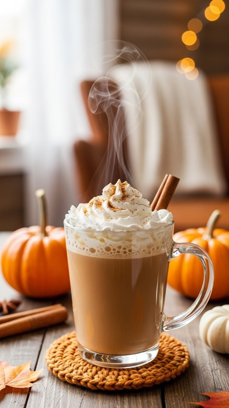 Steaming Pumpkin Spice Latte With Whipped Cream And Cinnamon On Rustic Wooden Table With Autumn Decor In Cozy Natural Light Setting