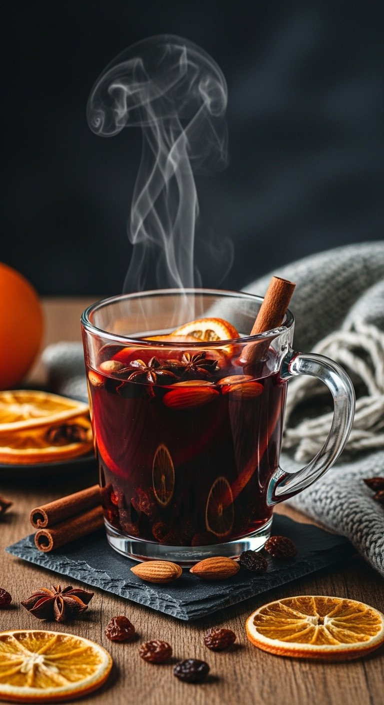 Steaming Scandinavian Gløgg, Dark Red Mulled Wine With Whole Spices, Almonds, Raisins. Cozy Festive Hot Drink.