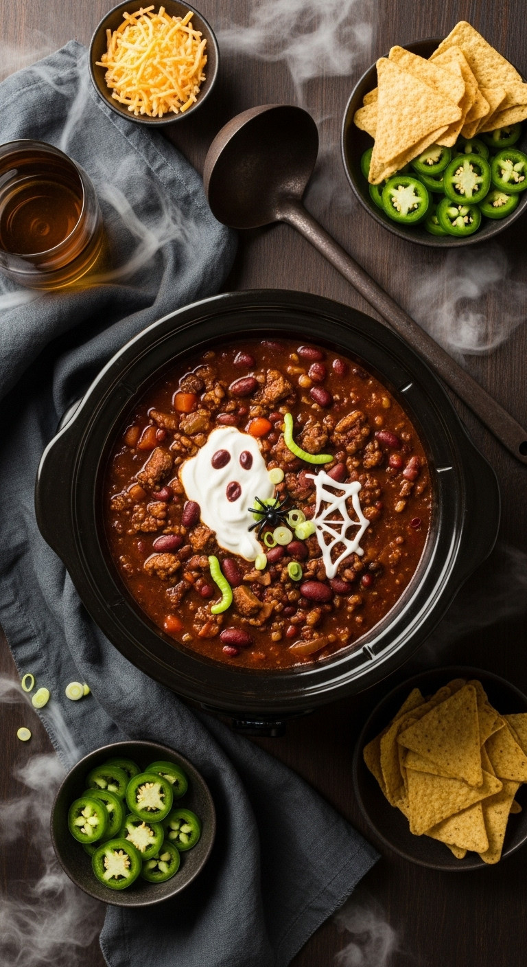 Steaming Witch's Brew Chili In A Black Cauldron Slow Cooker, Garnished With Sour Cream Ghost And Green Onion Worms.