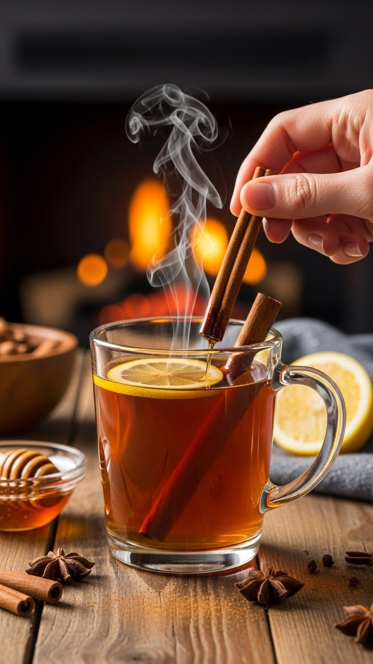 Steaming Amber Hot Toddy In Clear Glass Mug With Lemon Slice And Cinnamon Stick Garnishes Against Rustic Wooden Background.