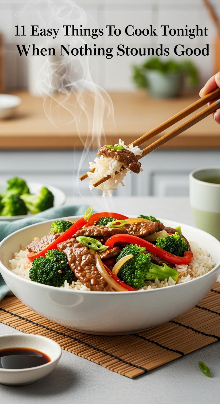 Steaming Beef Stir-Fry With Broccoli And Bell Pepper Over White Rice With Chopsticks, Soy Sauce, And Green Tea