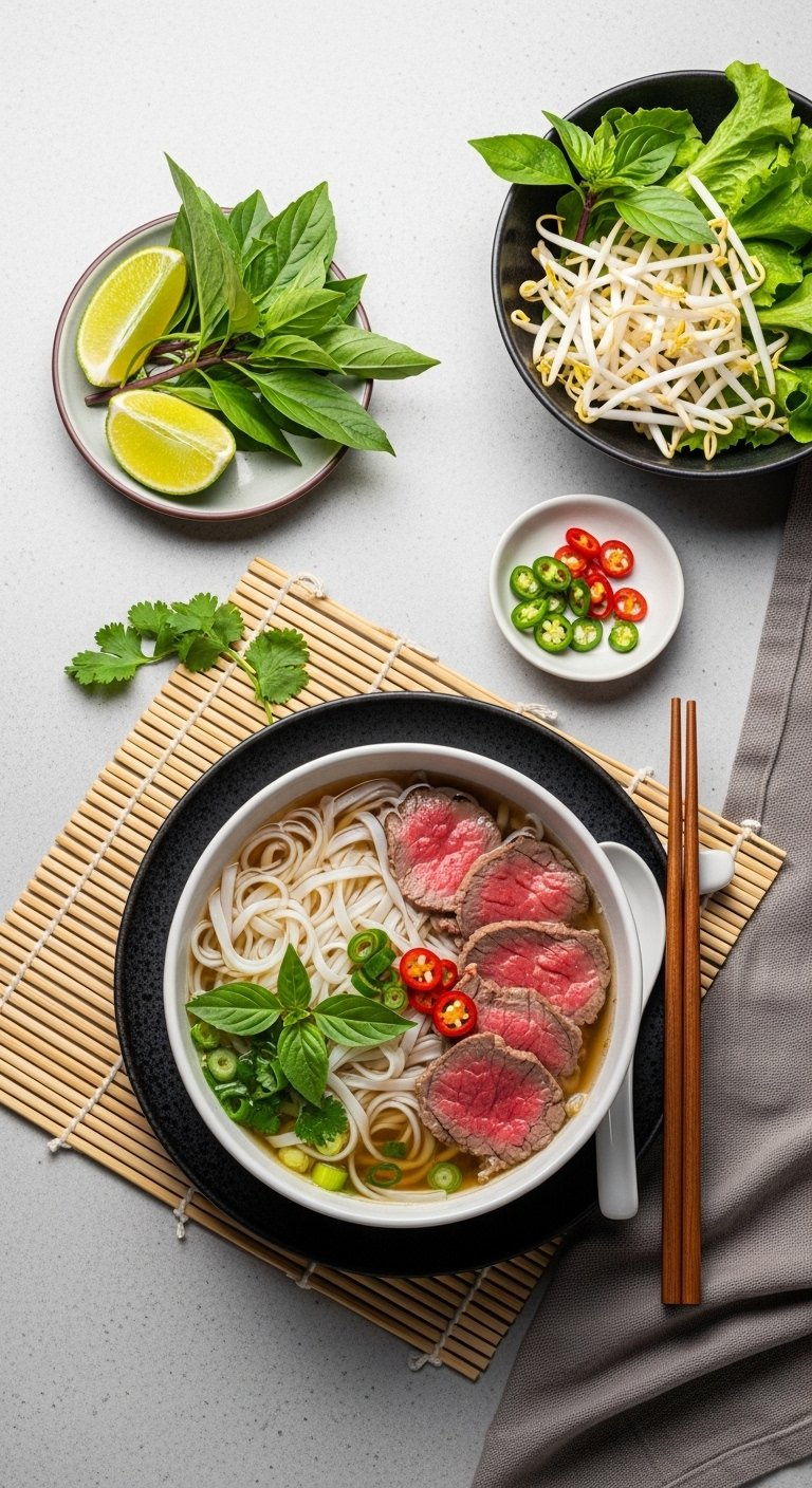 Steaming Bowl Of Vietnamese Pho With Rare Beef, Rice Noodles, And Fresh Herbs Garnished With Lime And Chilies.