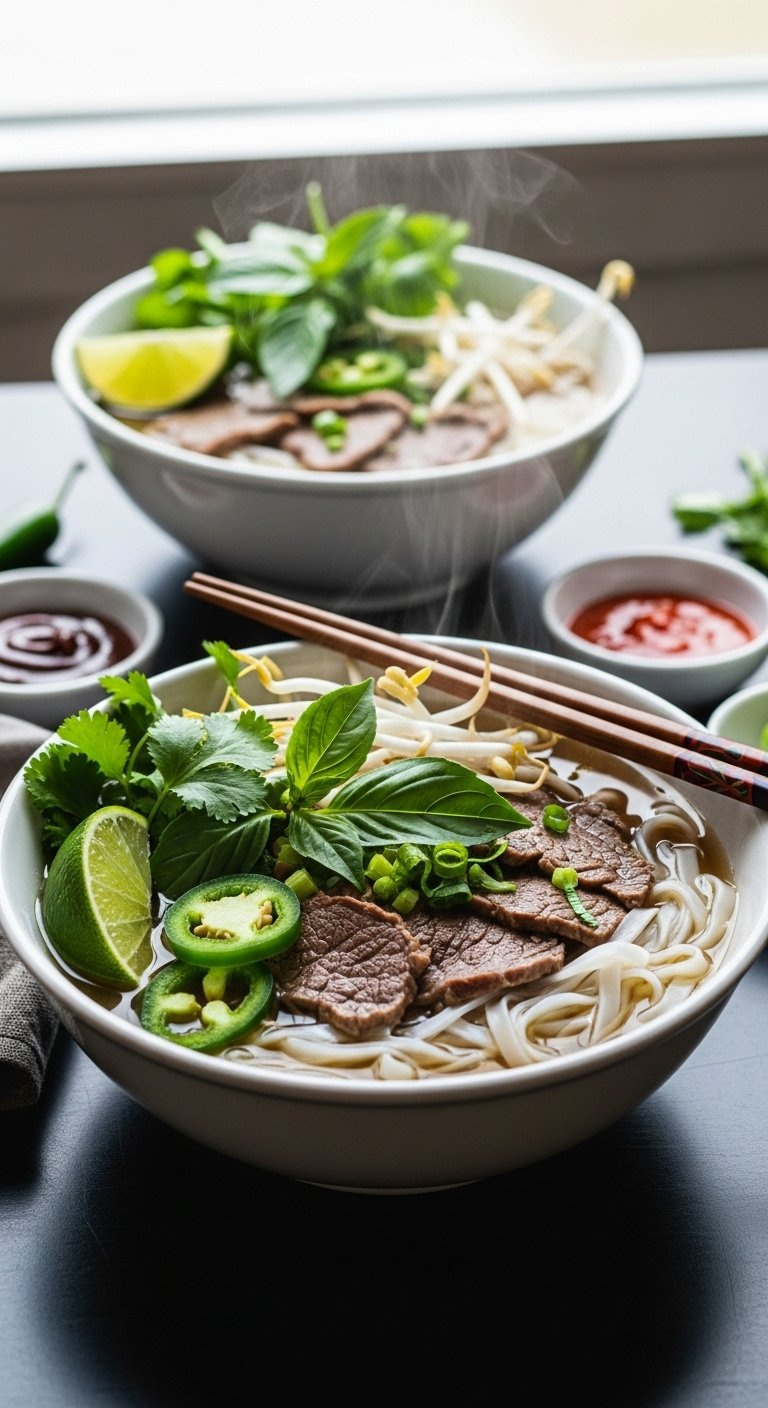 Steaming Bowl Of Vietnamese Pho With Beef Broth Rice Noodles Fresh Herbs And Slices Of Beef On A Dark Table.