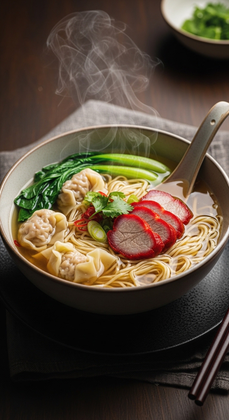 Steaming Bowl Of Wonton Noodle Soup With Rich Broth Noodles And Char Siu Slices.