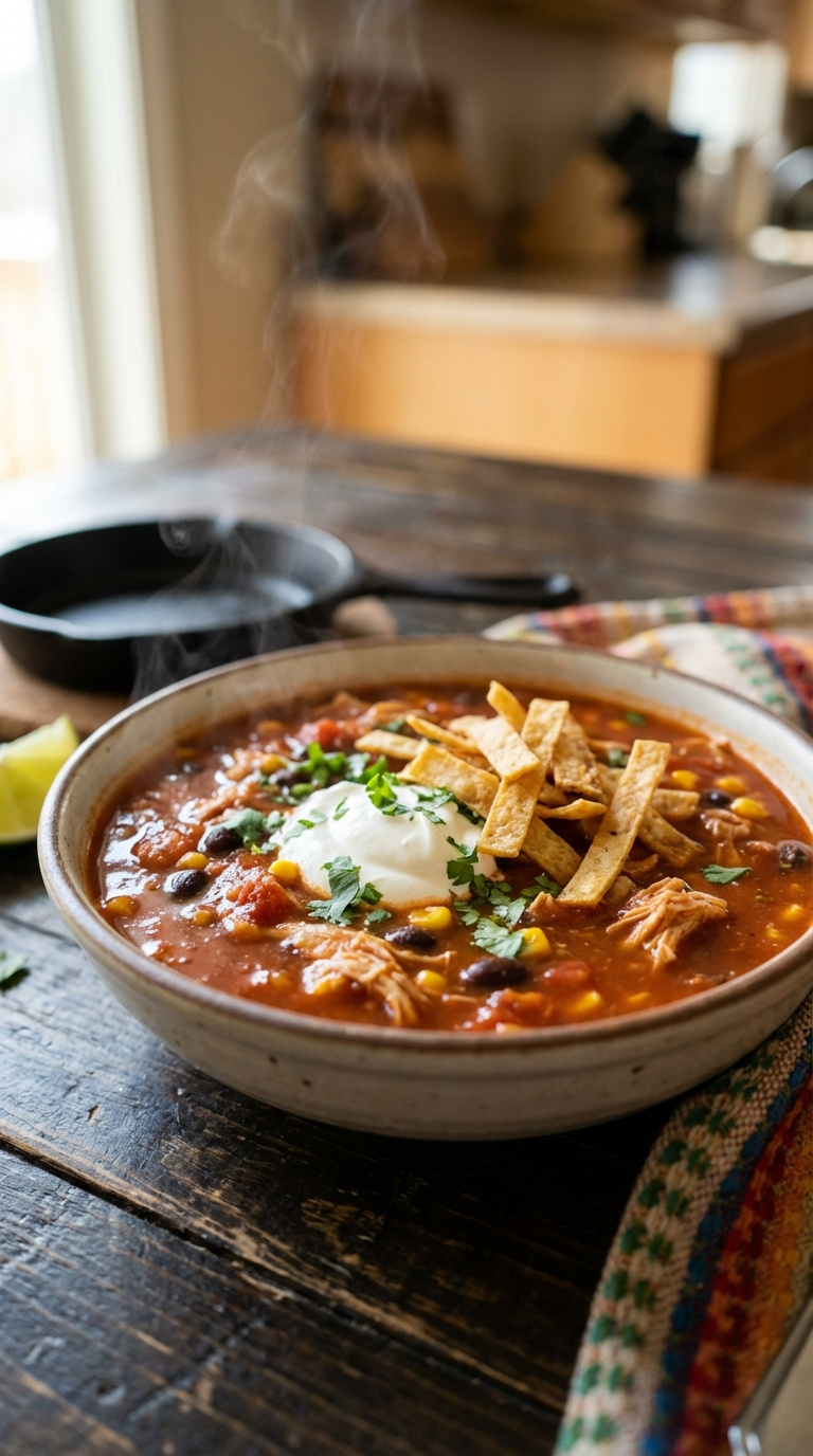 Steaming Bowl Of Chicken Taco Soup With Shredded Chicken, Black Beans, Corn, Cilantro, Sour Cream, And Crispy Tortilla Strips In Rustic Ceramic Bowl.