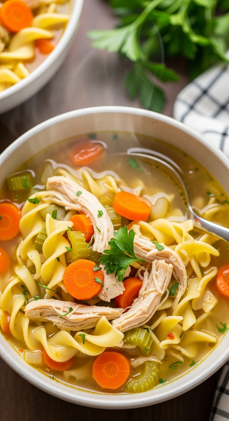 Steaming Bowl Of Classic Chicken Noodle Soup With Vegetables And Parsley Garnish
