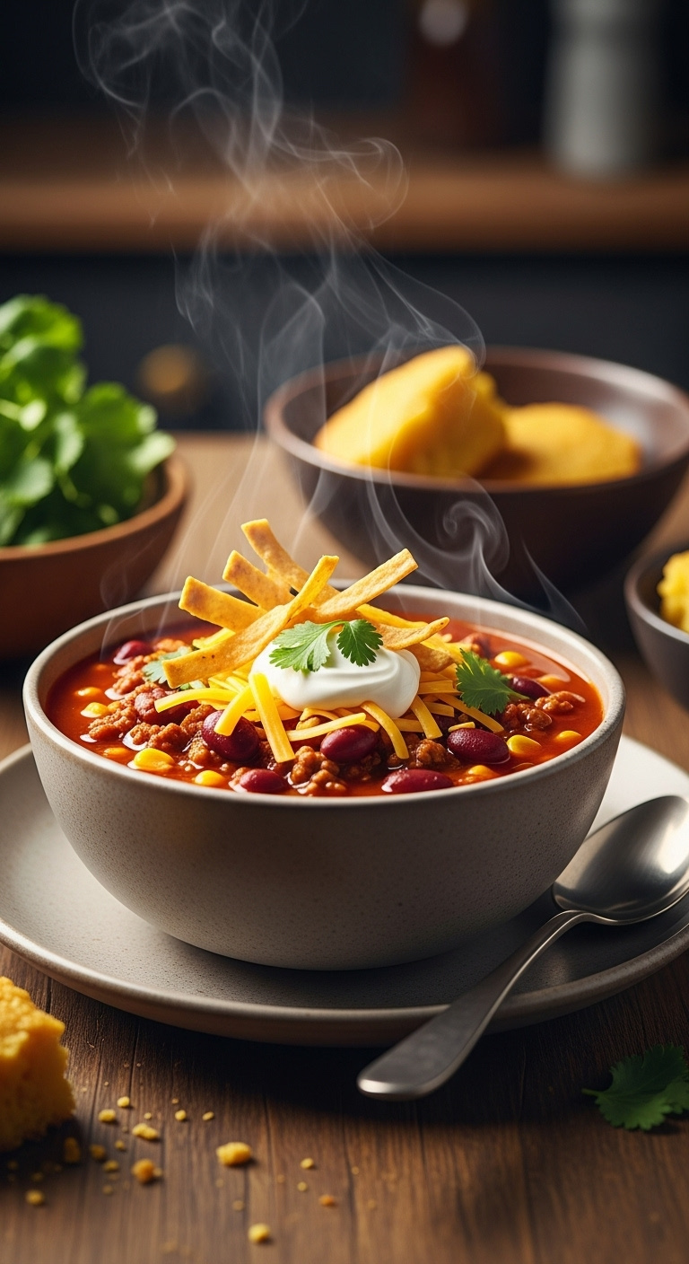 Steaming Bowl Of Cozy Taco Soup With Ground Beef Corn Beans Cheddar Cheese Sour Cream Cilantro And Tortilla Strips