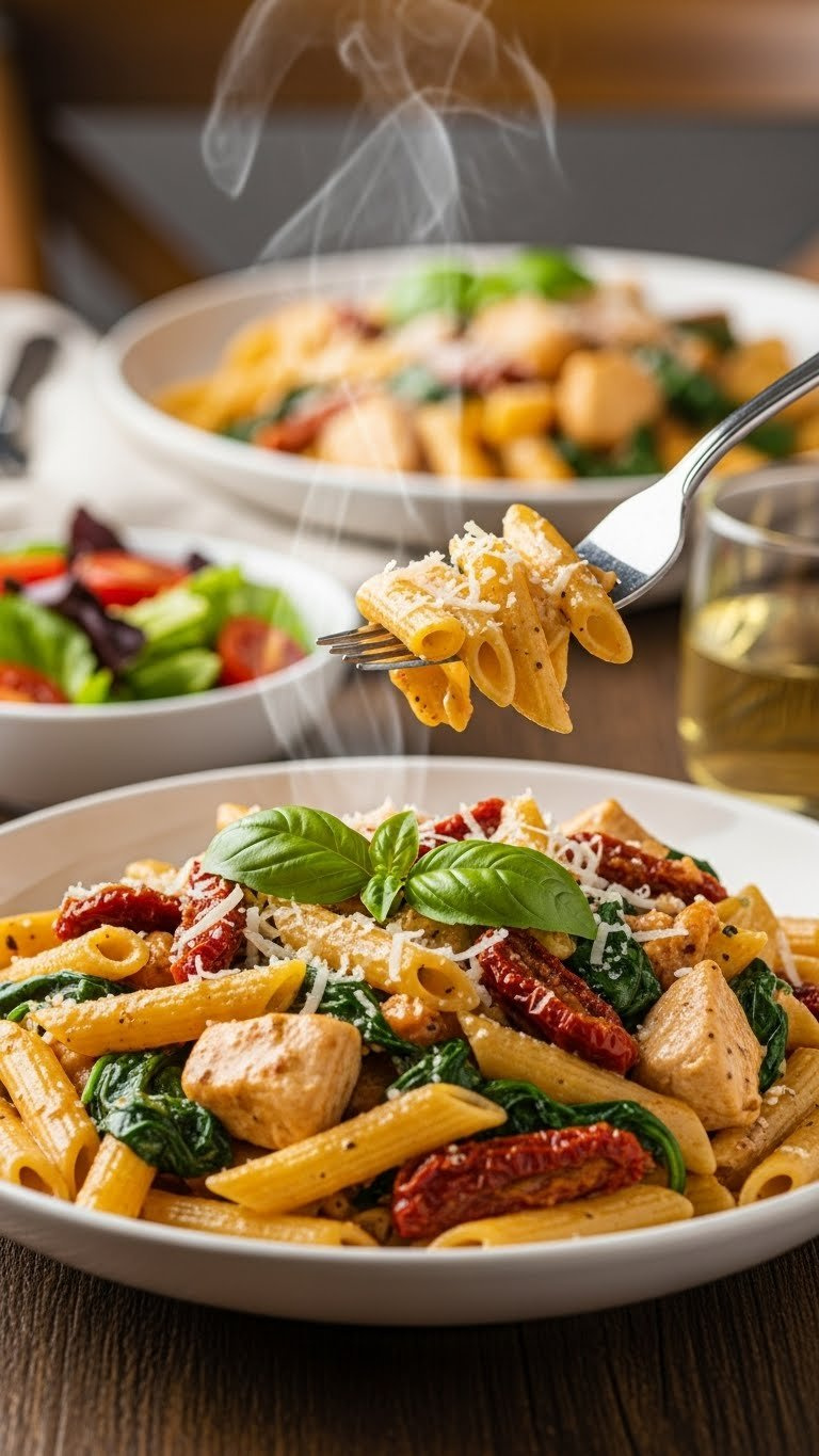Steaming Bowl Of Creamy Tuscan Chicken Pasta With Penne, Sun-Dried Tomatoes, Spinach, Parmesan, And Fresh Basil.