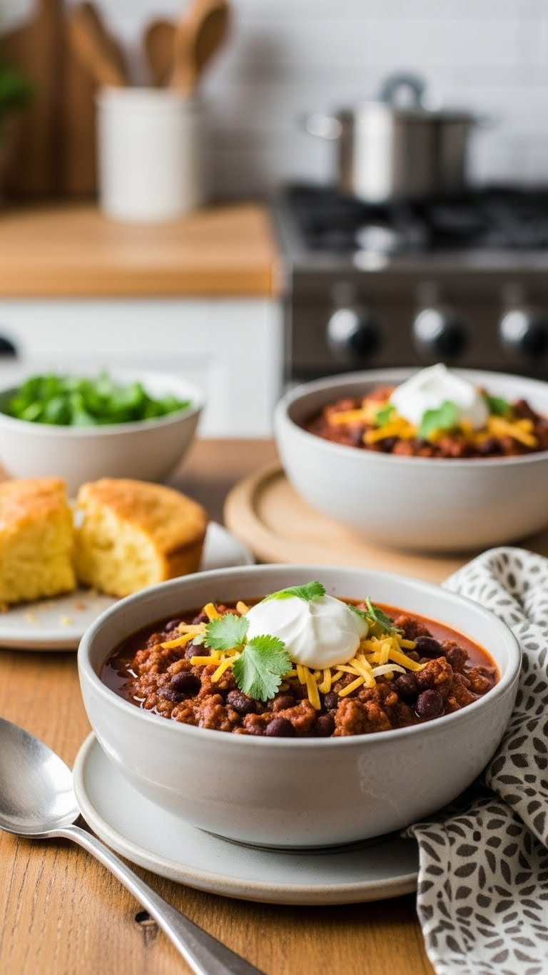 Steaming Bowl Of Hearty Beef And Black Bean Chili Topped With Sour Cream And Cilantro