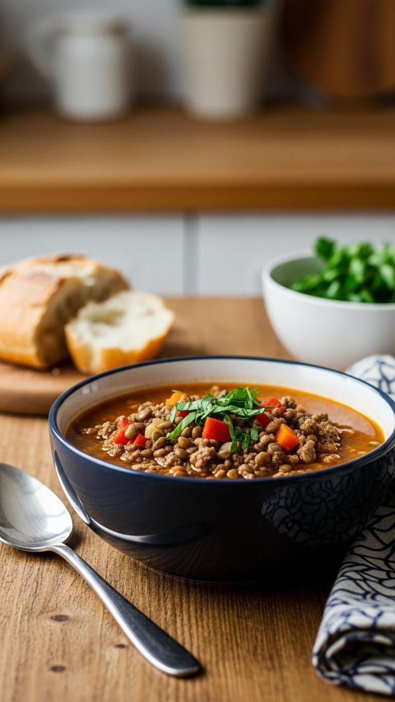 Steaming Bowl Of Savory Ground Beef And Lentil Soup With Vegetables And Fresh Herbs