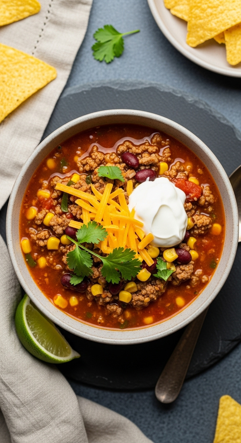 Steaming Bowl Of Slow Cooker Taco Soup Topped With Sour Cream Cheese And Cilantro On A Dark Slate Surface With Lime And Chips