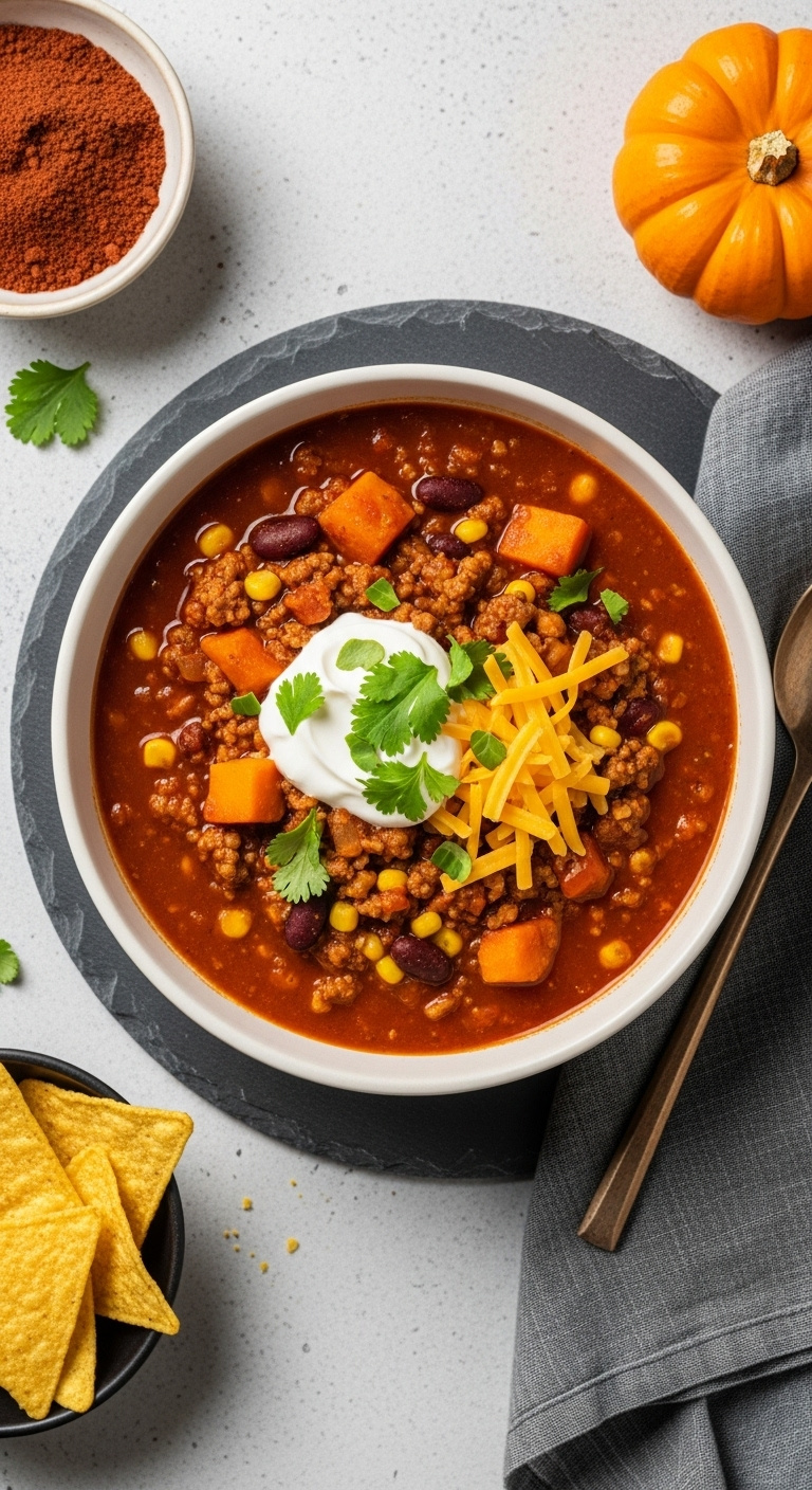 Steaming Bowl Of Thick Deep-Red Pumpkin Chili With Sour Cream, Cilantro, And Cheddar Cheese On A Slate Gray Placemat In Bright Studio Light