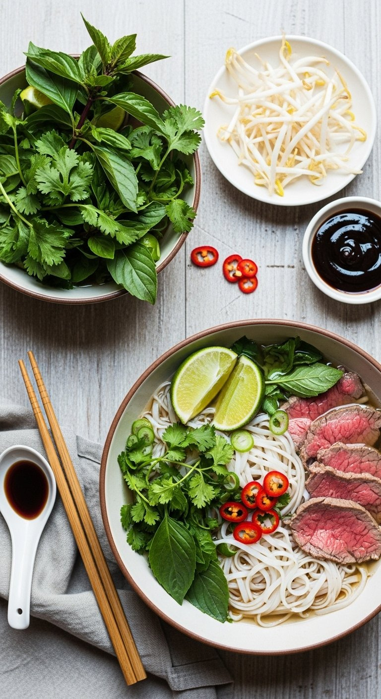 Steaming Bowl Of Traditional Vietnamese Pho With Rare Beef, Fresh Herbs, And Lime On Rustic Wood.